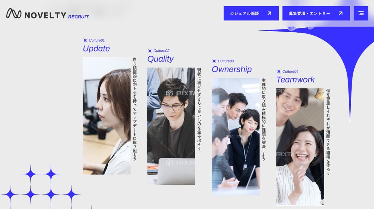 ノベルティ採用サイトの、メンバー写真が4つ並んでいるページ。