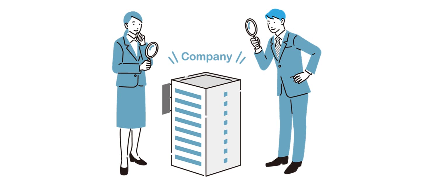 会社の“らしさ”を探している男女のビジネスパーソンが、会社の模型をルーペで見ているイラスト